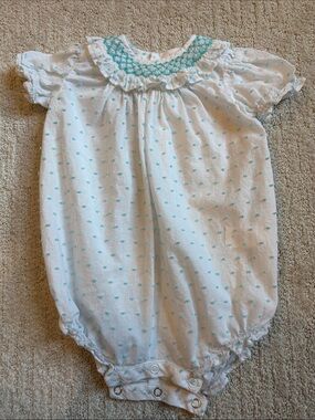 Edgehill Collection White Bubble Romper with Aqua Smocking